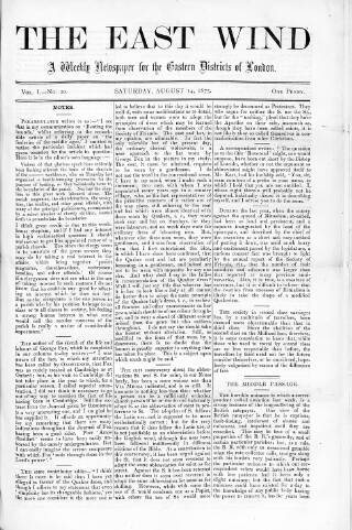 cover page of East Wind published on August 14, 1875