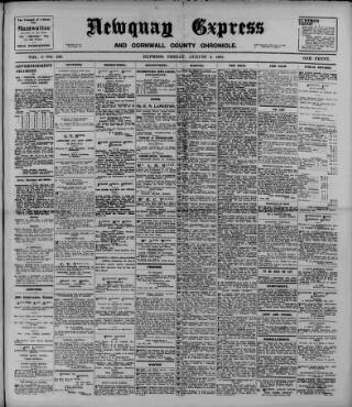 cover page of Newquay Express and Cornwall County Chronicle published on August 2, 1907