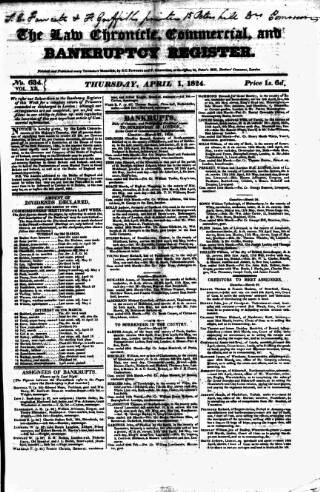 cover page of Law Chronicle, Commercial and Bankruptcy Register published on April 1, 1824