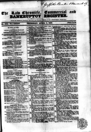 cover page of Law Chronicle, Commercial and Bankruptcy Register published on April 1, 1847