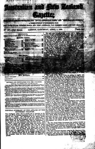 cover page of Australian and New Zealand Gazette published on April 1, 1854