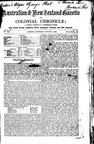 cover page of Australian and New Zealand Gazette published on August 2, 1856