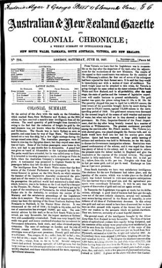 cover page of Australian and New Zealand Gazette published on June 13, 1857