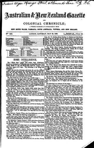 cover page of Australian and New Zealand Gazette published on May 22, 1858