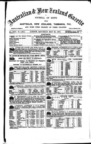 cover page of Australian and New Zealand Gazette published on May 22, 1875