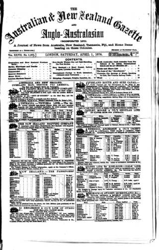 cover page of Australian and New Zealand Gazette published on April 1, 1876