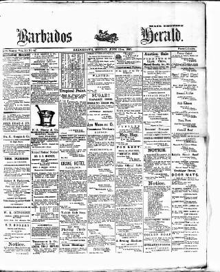 cover page of Barbados Herald published on June 13, 1887