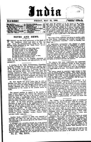 cover page of India published on May 22, 1908