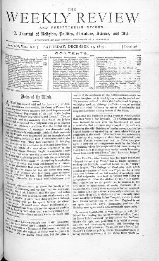 cover page of Weekly Review (London) published on December 13, 1873