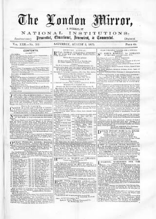 cover page of London Mirror published on August 2, 1873