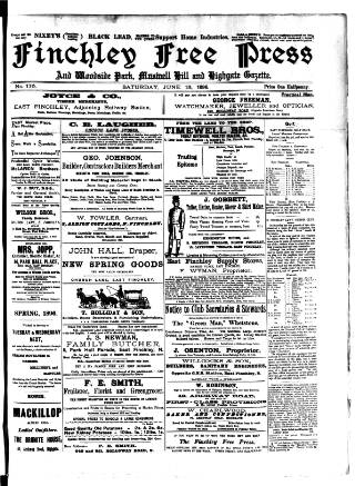 cover page of Finchley Press published on June 13, 1896