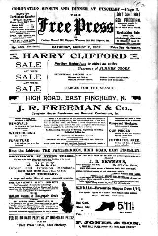 cover page of Finchley Press published on August 2, 1902