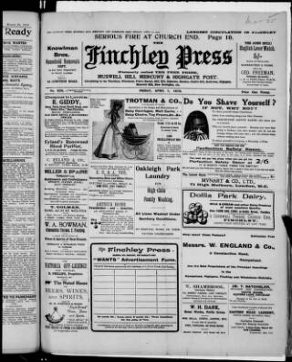 cover page of Finchley Press published on April 1, 1910