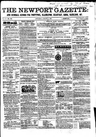 cover page of Newport Gazette published on August 2, 1862