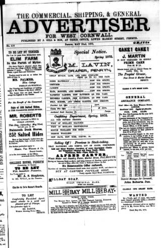 cover page of Commercial, Shipping & General Advertiser for West Cornwall published on May 22, 1875