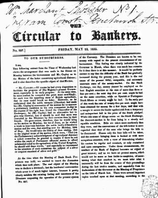 cover page of Bankers' Circular published on May 22, 1835