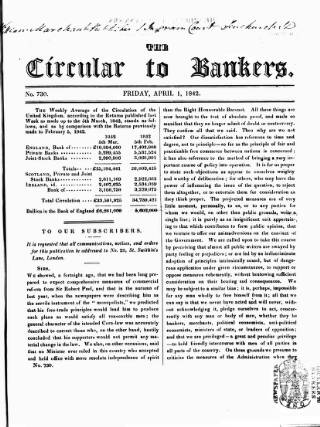 cover page of Bankers' Circular published on April 1, 1842