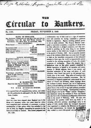 cover page of Bankers' Circular published on November 2, 1849