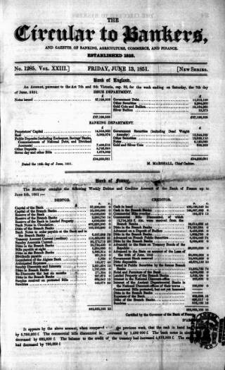 cover page of Bankers' Circular published on June 13, 1851