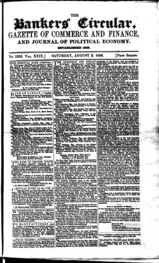 cover page of Bankers' Circular published on August 2, 1856