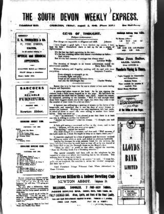 cover page of South Devon Weekly Express published on August 2, 1940