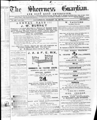 cover page of Sheerness Guardian and East Kent Advertiser published on August 2, 1873
