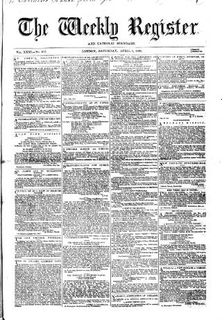 cover page of Weekly Register and Catholic Standard published on April 1, 1865
