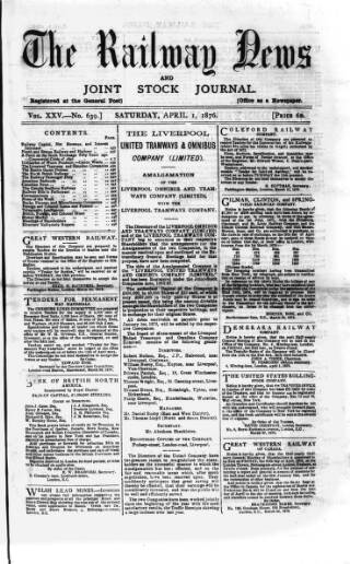 cover page of Railway News published on April 1, 1876
