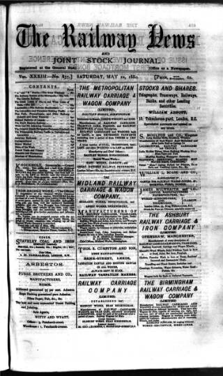 cover page of Railway News published on May 22, 1880