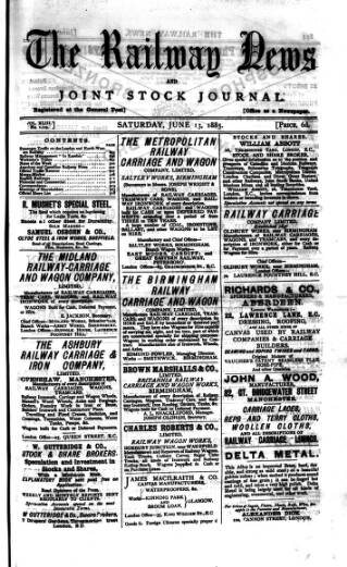 cover page of Railway News published on June 13, 1885