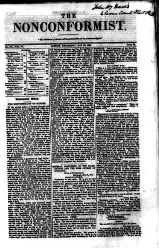 cover page of Nonconformist published on May 22, 1844