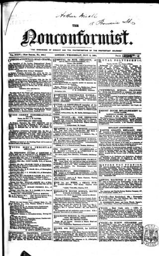 cover page of Nonconformist published on November 2, 1864