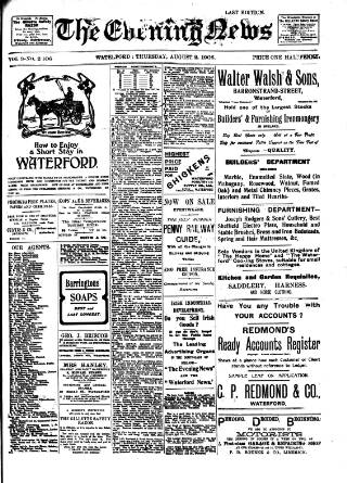cover page of Evening News (Waterford) published on August 2, 1906