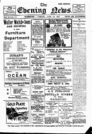cover page of Evening News (Waterford) published on June 13, 1911