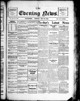 cover page of Evening News (Waterford) published on May 22, 1916