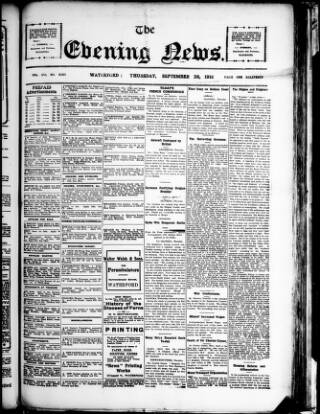cover page of Evening News (Waterford) published on September 28, 1916