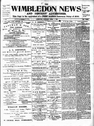 cover page of Wimbledon News published on April 1, 1899