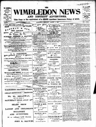 cover page of Wimbledon News published on August 2, 1902