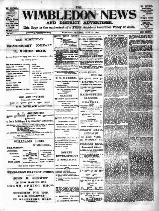 cover page of Wimbledon News published on June 13, 1903