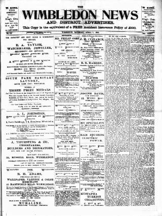 cover page of Wimbledon News published on April 1, 1905