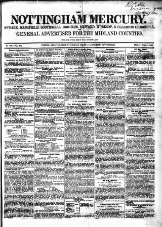 cover page of Nottingham and Newark Mercury published on April 1, 1842
