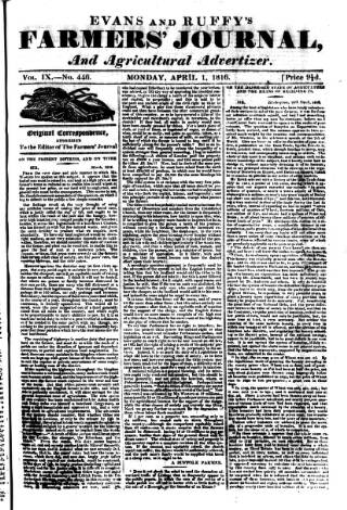 cover page of Evans and Ruffy's Farmer's Journal published on April 1, 1816