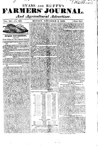 cover page of Evans and Ruffy's Farmer's Journal published on November 2, 1818