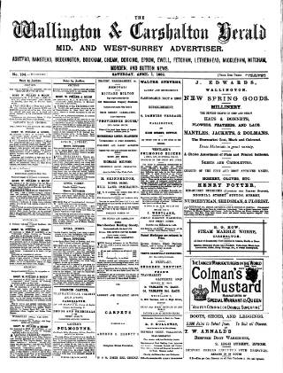 cover page of Wallington & Carshalton Herald published on April 1, 1882