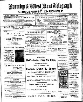 cover page of Bromley and West Kent Telegraph published on August 2, 1913