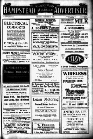cover page of Hampstead News published on November 2, 1922