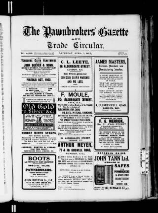 cover page of Pawnbrokers' Gazette published on April 1, 1916