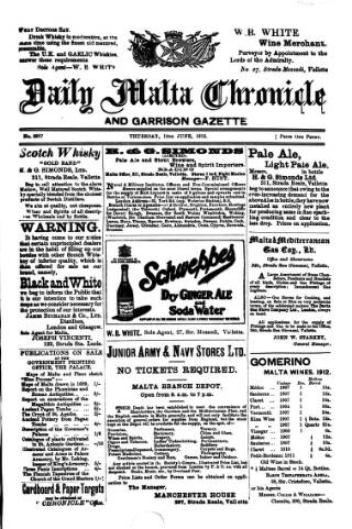 cover page of Daily Malta Chronicle and Garrison Gazette published on June 13, 1912