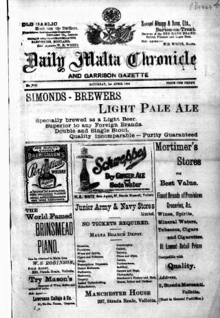 cover page of Daily Malta Chronicle and Garrison Gazette published on April 1, 1916