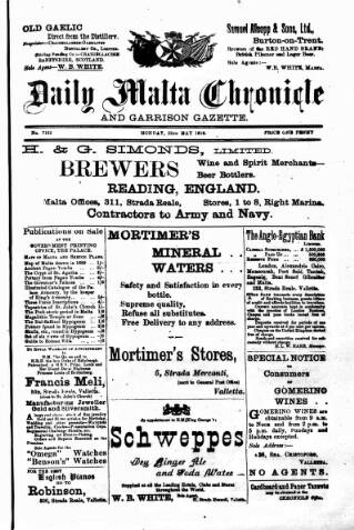 cover page of Daily Malta Chronicle and Garrison Gazette published on May 22, 1916